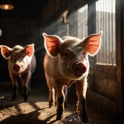 Zwei Schweine verlassen ihren dunklen Stall und kommen dabei an einem Fenster vorbei und sie sehen zum ersten Mal das Sonnenlicht. Draußen wartet der Viehtransport und ihre Reise zum Schlachthaus beginnt.